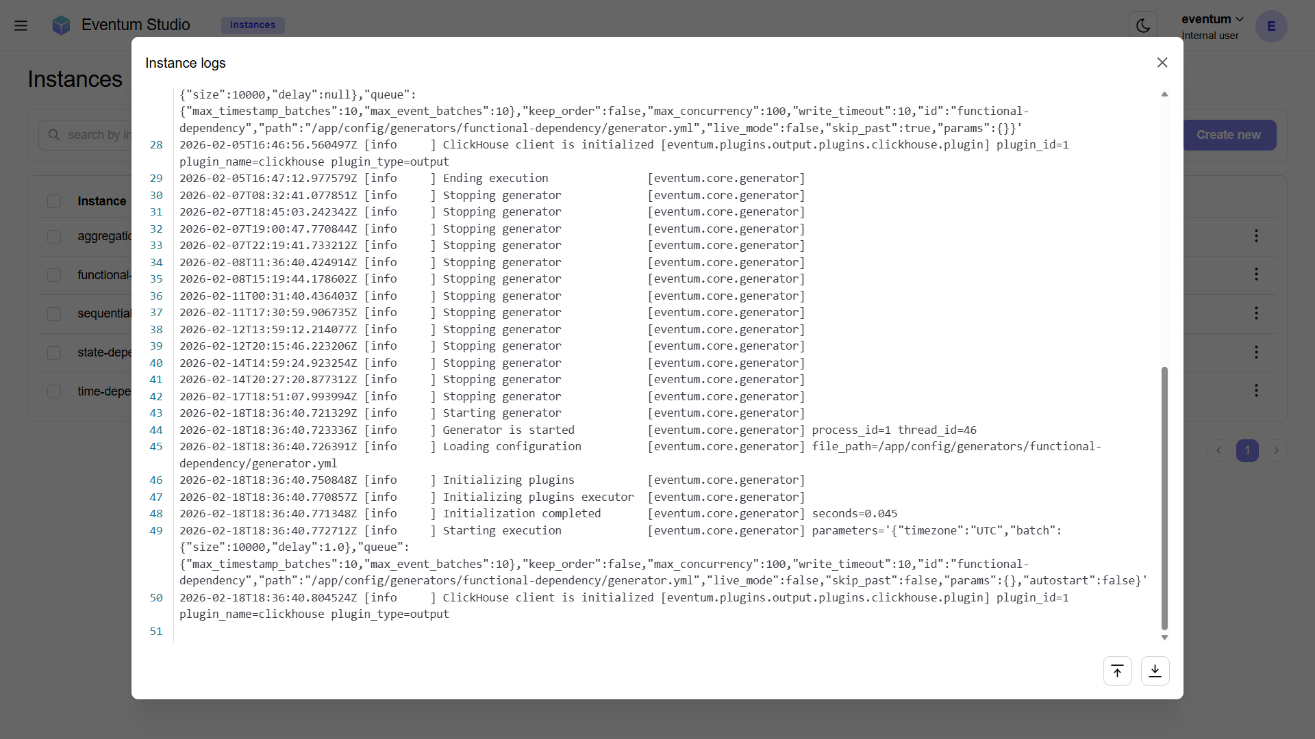 Instance logs viewer in Eventum Studio