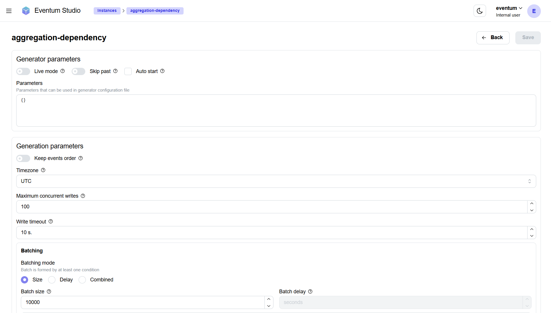 Instance settings page in Eventum Studio