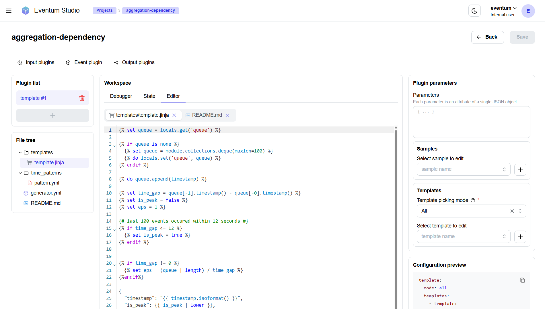 Event plugin editor tab in the project editor