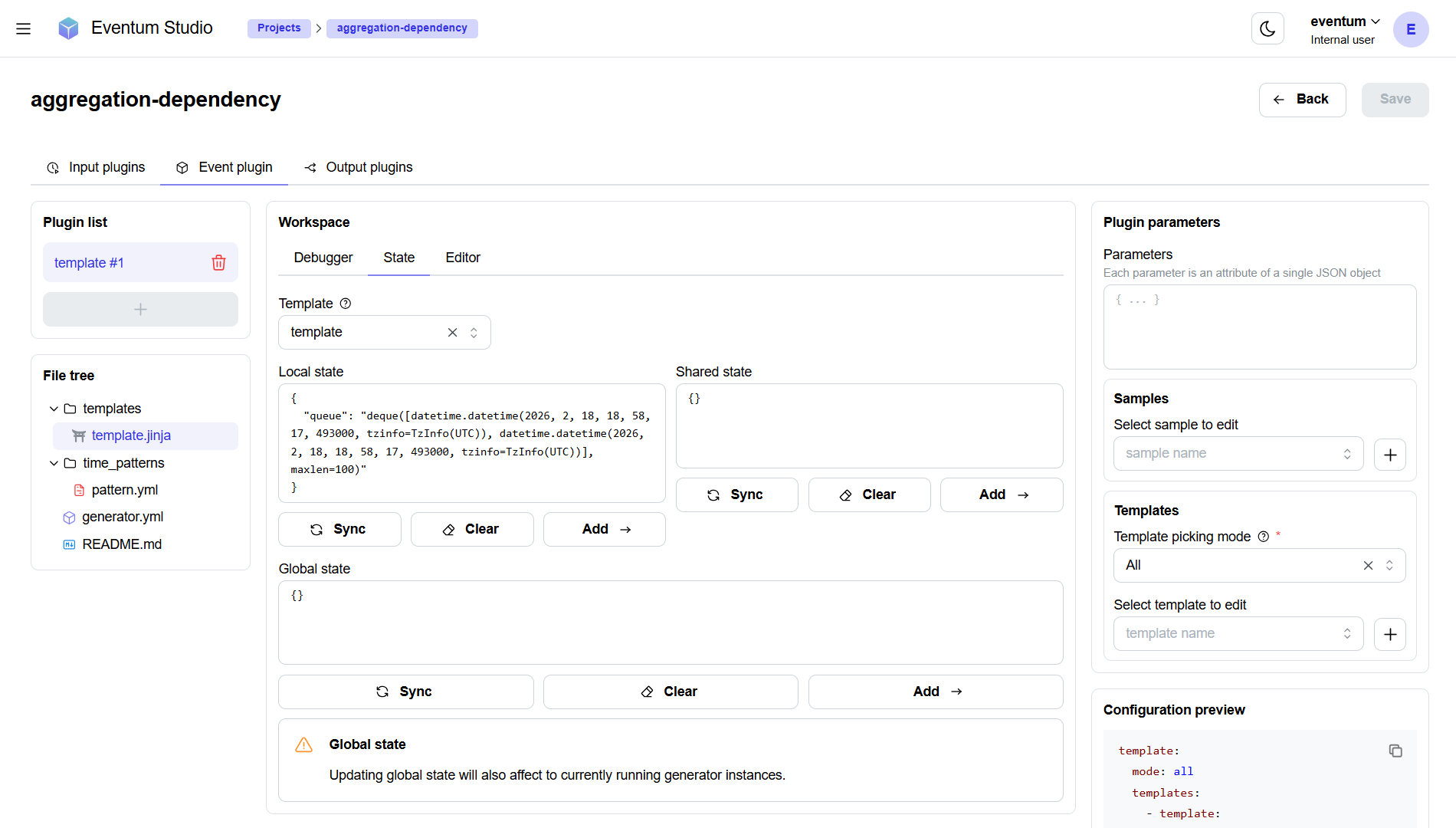 Event plugin state tab in the project editor