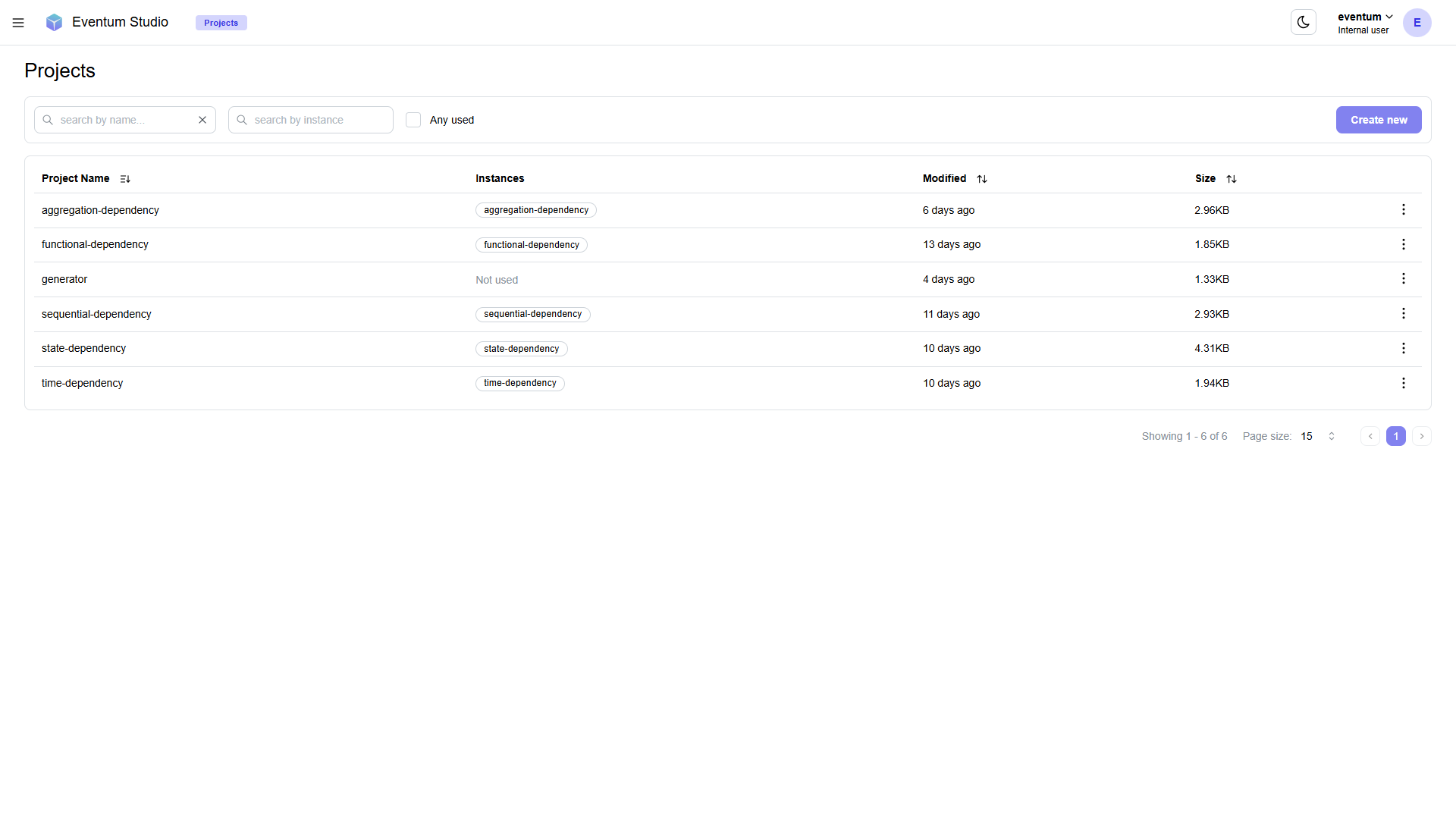 Projects page in Eventum Studio