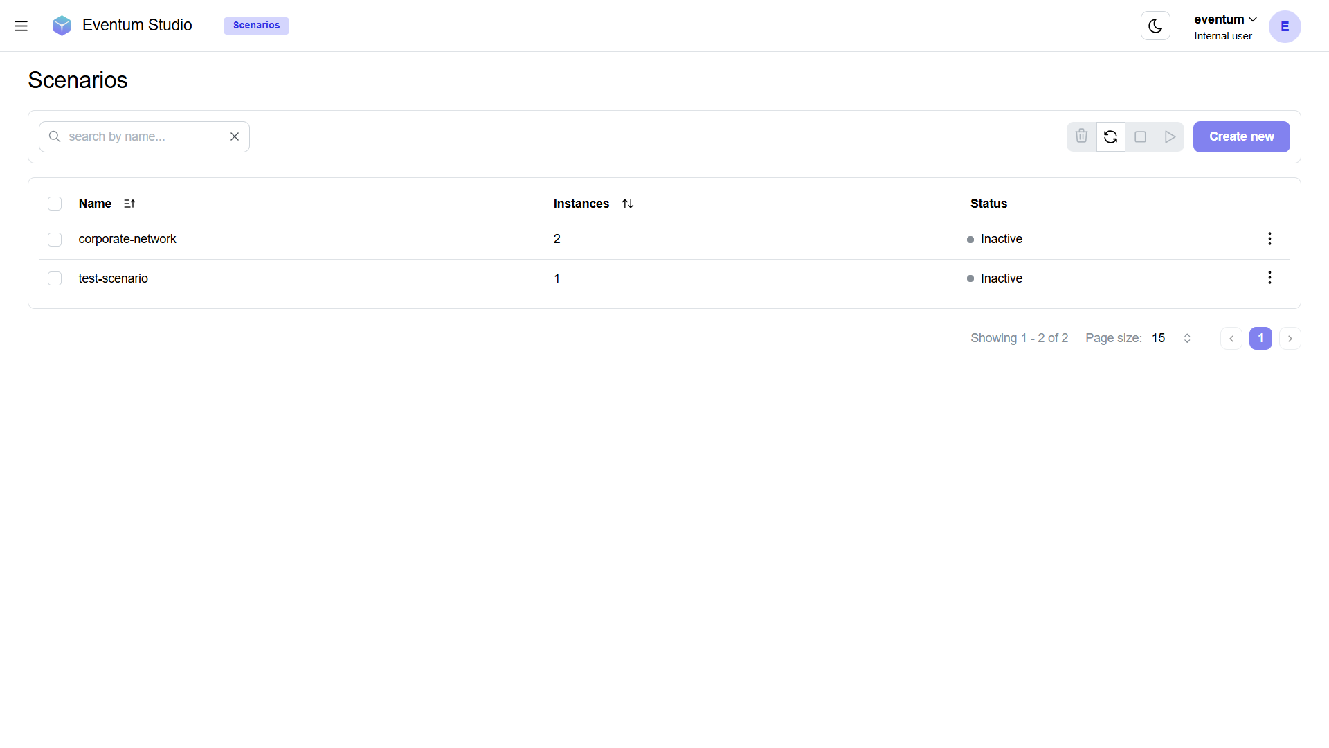 Scenarios page in Eventum Studio